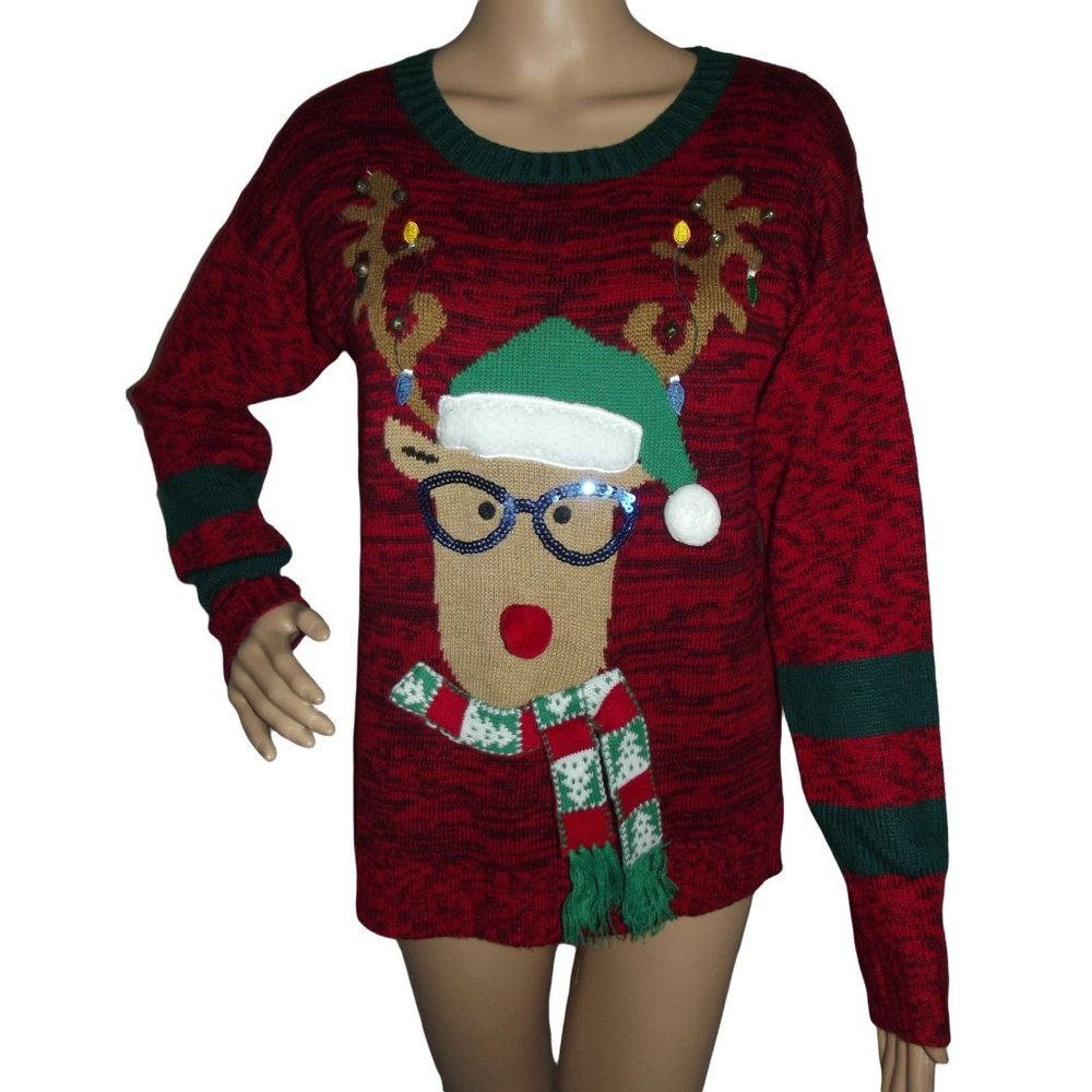 Hooked Up Size Small Red Christmas Sweater embellished reindeer jingle bells